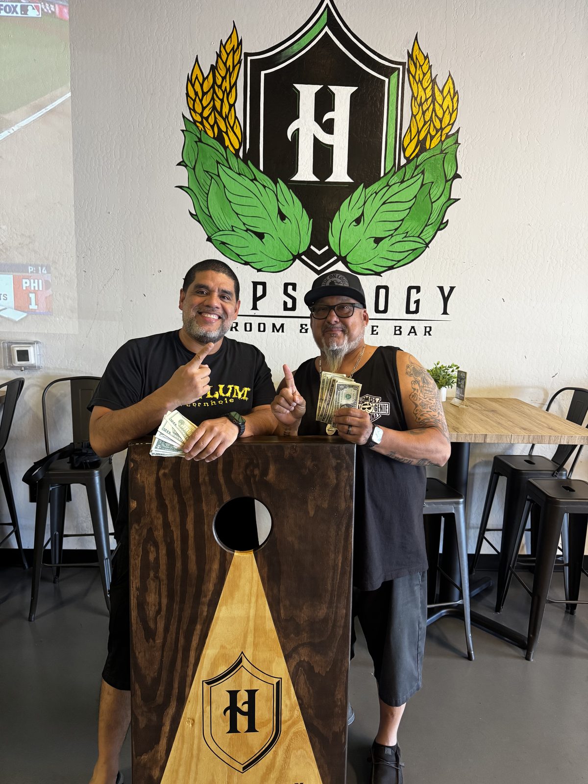 Cornhole tournament winners at Hopsology